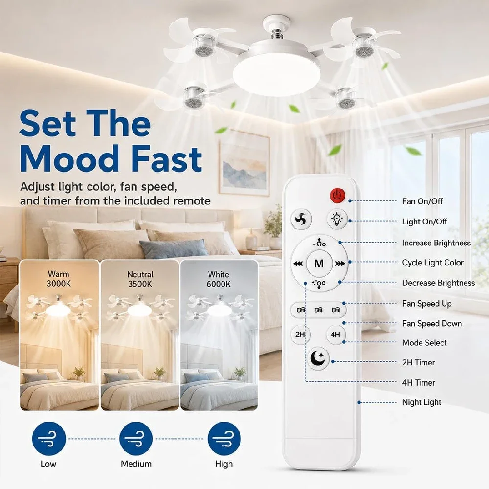 E27 Fan Light 2-in-1 60W Drone Design Ceiling Fan Light with Remote Control AC85-265V Fan Lighting Bulb for Home Restaurant