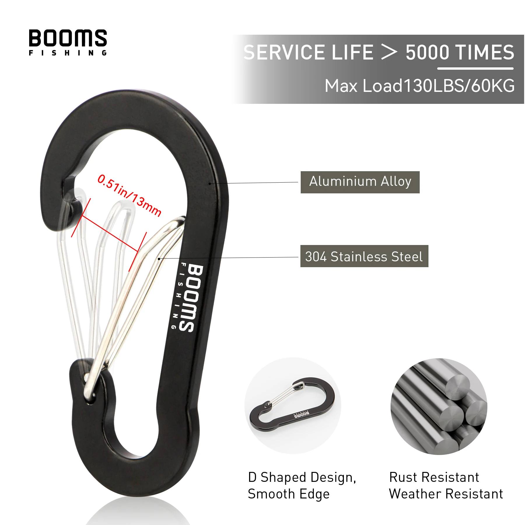 Booms Fishing Mosquetón Aluminio 6cm – Con Anilla en D y Llavero