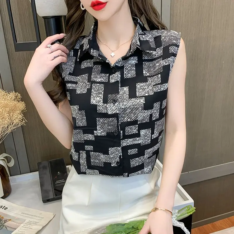 Women Clothing Summer Korean Fashion Striped Print Sleeveless Shirts Office Lady Elegant Commute Blouses Lapel Slim Chiffon Tops