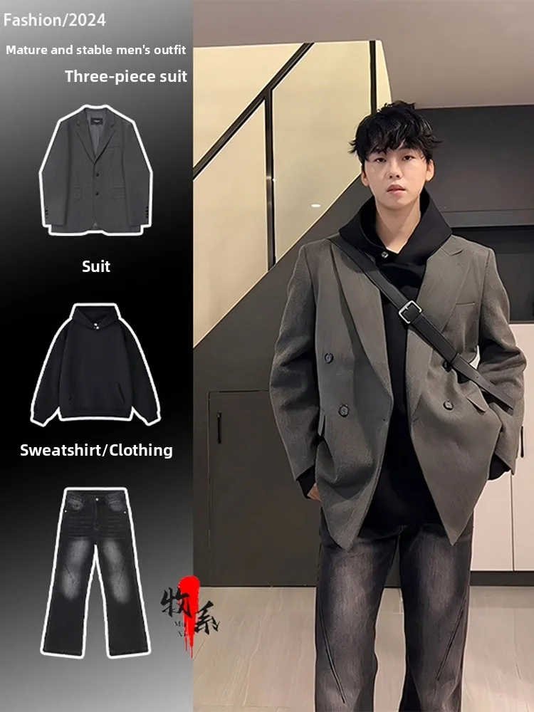 

ay Casual Men's Tee-Piece Suit Set Cleanfit Autumn Winter College Sle Polyester Fiber No Ironing Treaent Long Sve