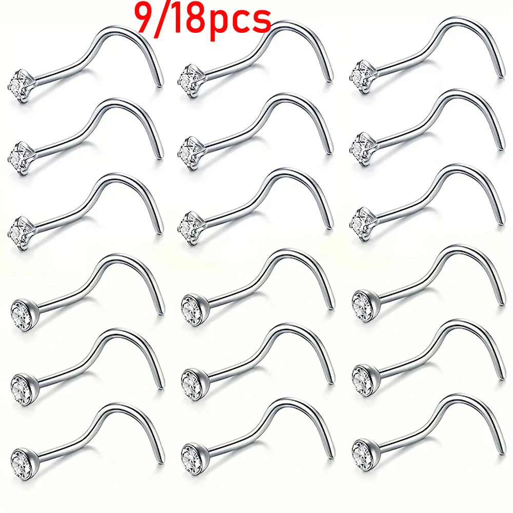 9/18pcs Stainless Steel Nose Studs Corkscrew Nose Ring with 2mm CZ Surgical Steel Nostril Nose Piercing Jewelry for Women Men