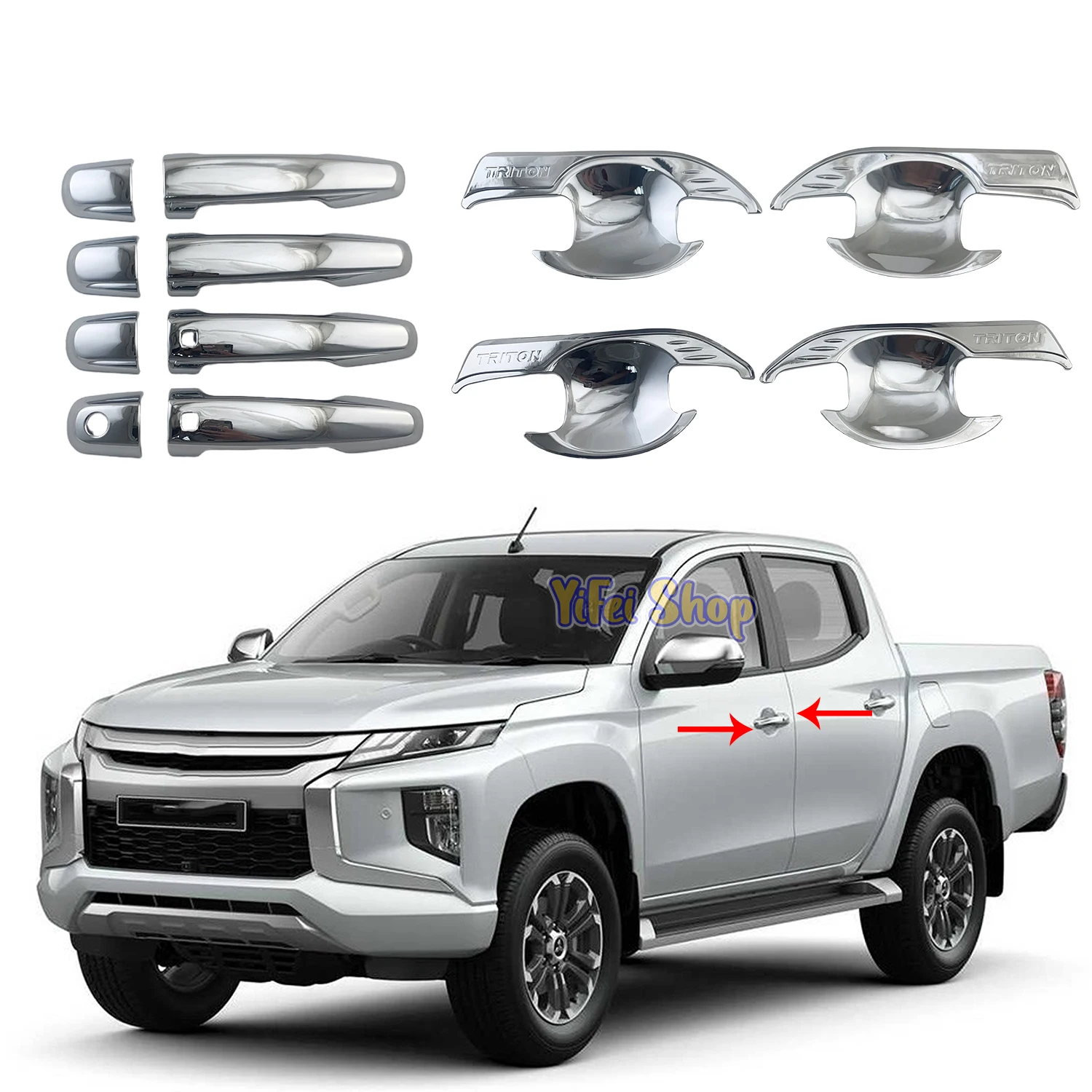 

New Car ABS Chrome Accessories Plated Door Handle Bowl Cover Trim Paste Style For Mitsubishi Triton L200 2019 2020 2021 2022