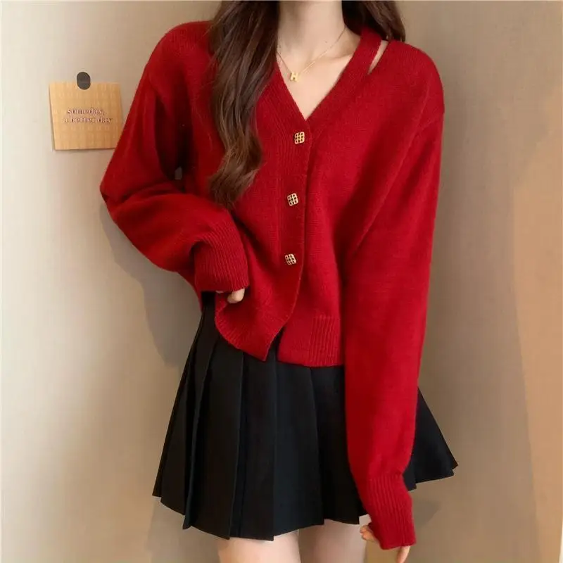 Strickjacke Damen pullover gelb V-Ausschnitt Winter knopf rot Strick oberteile für Frau neue Strickwaren Mode y2k Korea Trikot Bluse