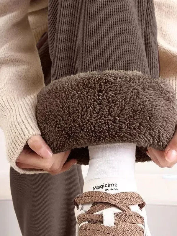 Autumn Winter Women's Fce Lined Thiened Corduroy Wide Leg Pants Casual Sle High Waist Elastic Closure Polyester Fiber