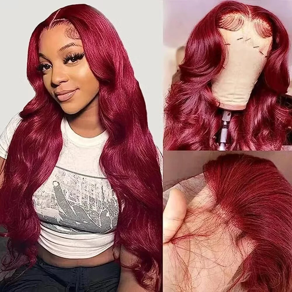 30 36 Inch 200 Density 99J Burgundy 13x6 Lace Frontal Wigs Red Colored Body Wave 13x4 HD Transparent Human Hair Wigs For Women