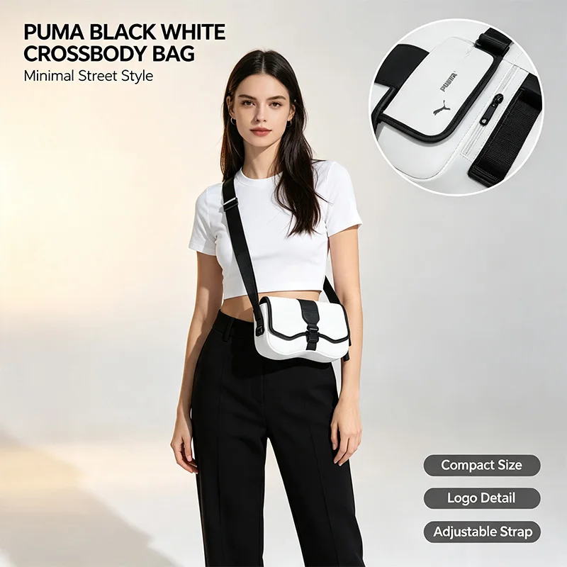 Puma Black White Crossbody Bag Logo Shoulder Bag Compact Adjustable Strap Lightweight Durable Fashion Casual Daily Shopping