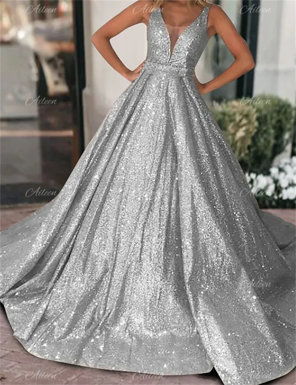 Shiny Formal Dresses Champagne V-neck Wedding Dress A-line Robe Evening Dresses Long Luxury 2023 Occasion Cocktail Home Women\'s