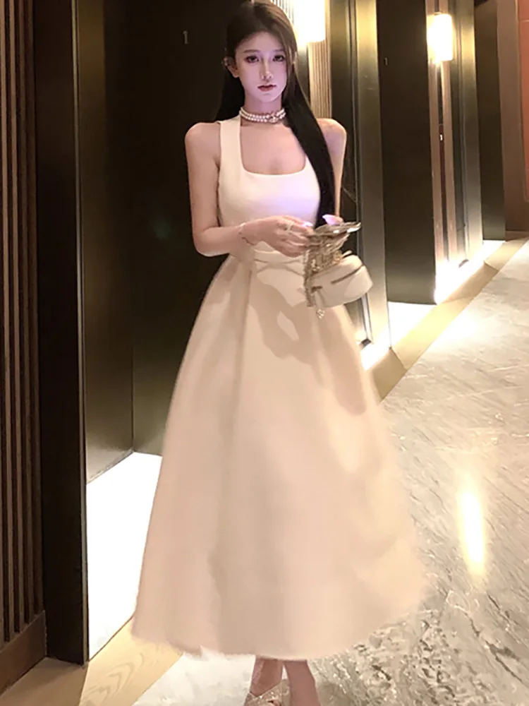 가을 겨울 핑크 섹시 슬링 롱 드레스 여성 우아한 바디콘 리본 드레스 2025 한국 패션 시크 페스티벌 이브닝 드레스