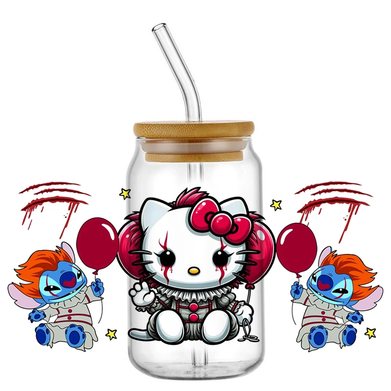 

Miniso Popular Kitty Horror Movie Halloween Design Cartoon UV DTF Cup Mug Wraps Sticker DIY 3D Deca For 16oz Libbey Glass