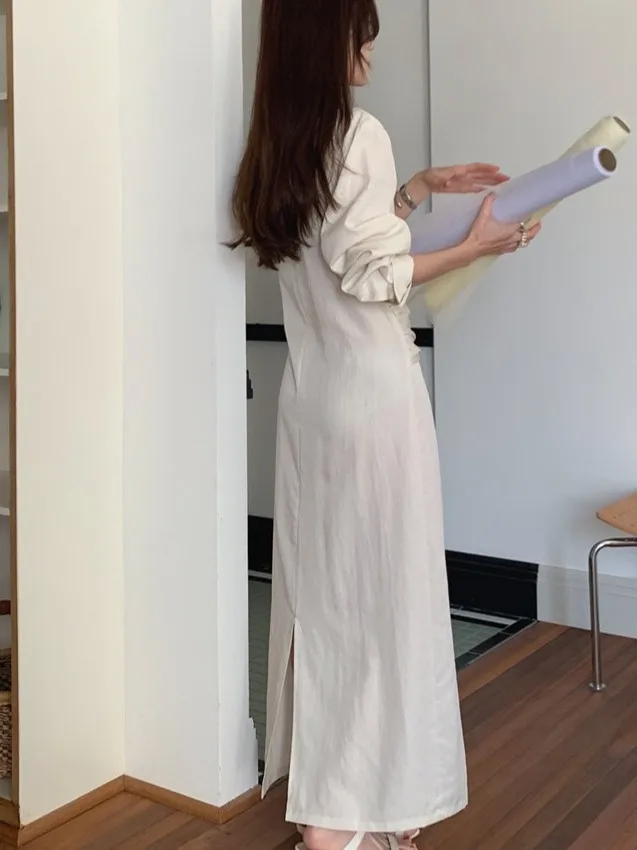 우아한 긴팔 솔리드 컬러 벨티드 허리 슬리밍 미디 드레스 봄 시크 V넥 타이 허리 여성 패션 드레스