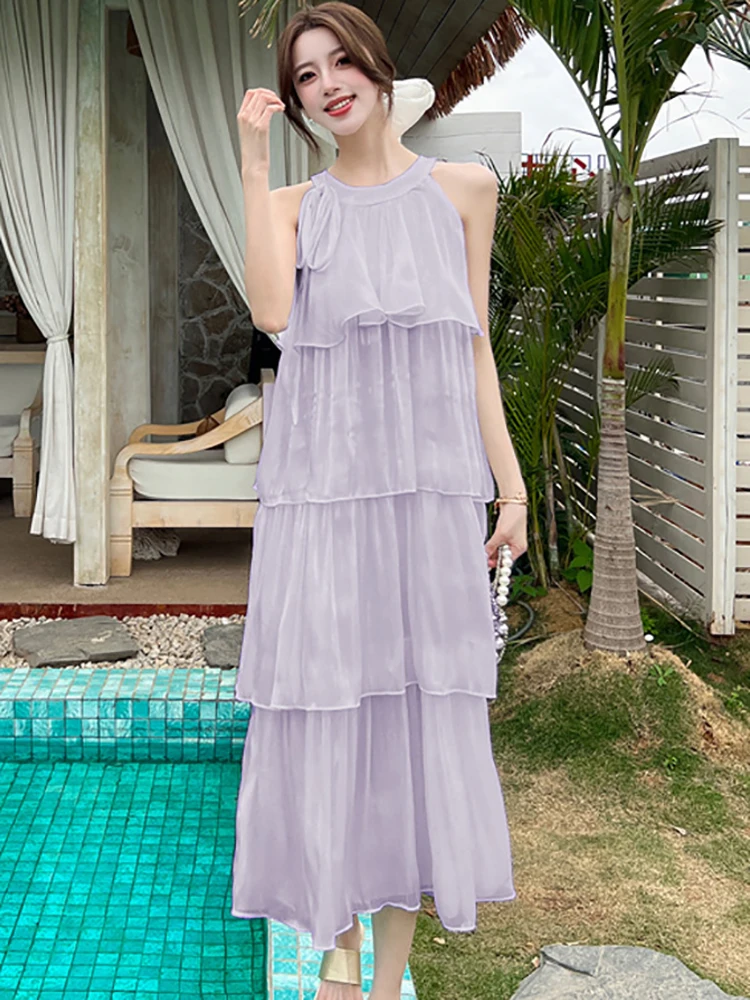 

Летнее фиолетовое элегантное сексуальное длинное платье с завязками на шее, женское модное шикарное повседневное пляжное платье с рюшами, 2025 корейские платья со свободной талией