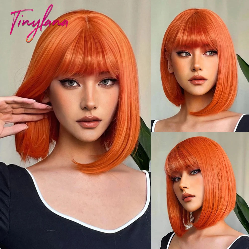 Orange Short Bob Straight Synthetic Wigs with Bangs for White Women Afro Cosplay Christmas Hair Natural Daily Heat Resistant Wig