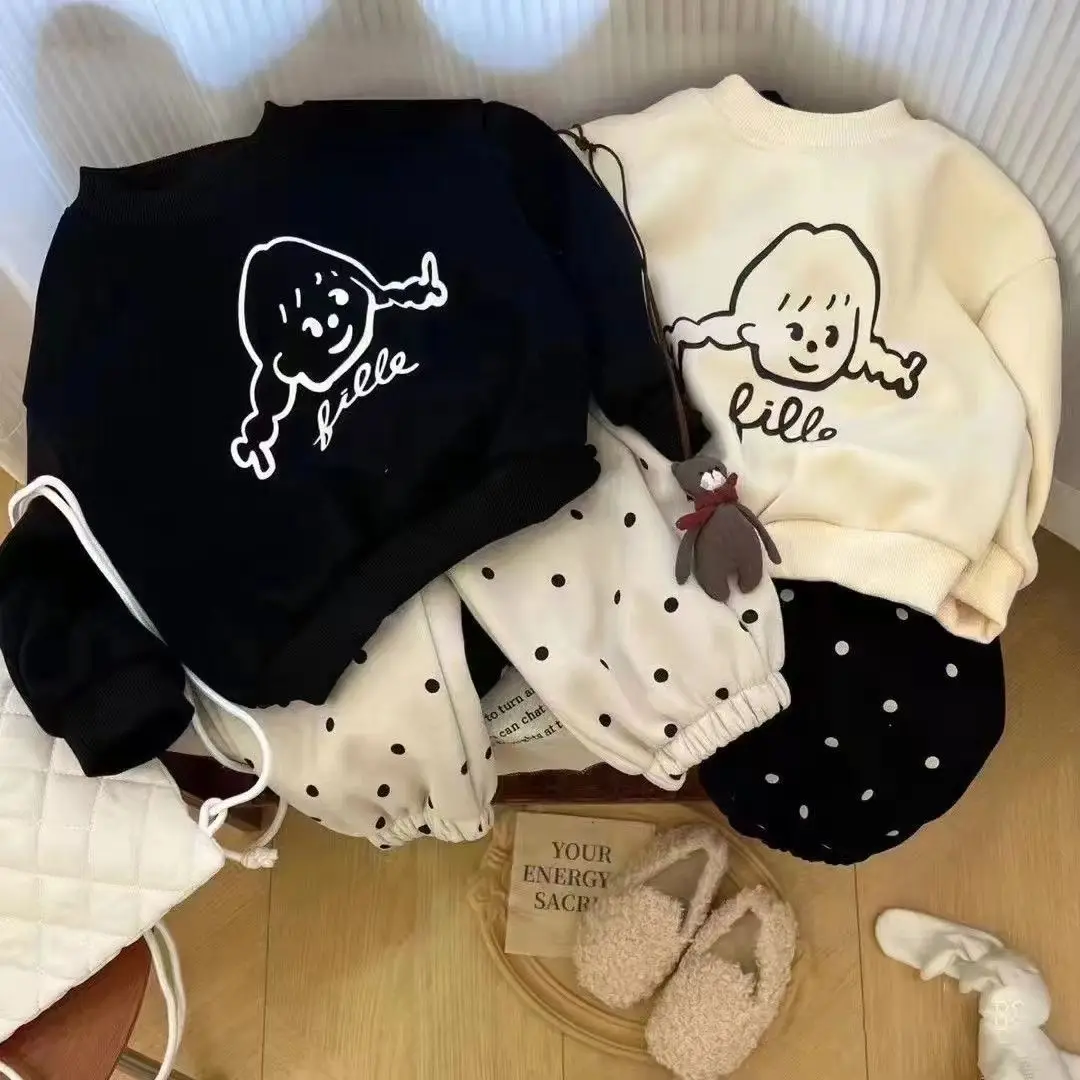 

Autumn Winter Plush Thicken Warm Girls Clothes Set Cute Cartoon Kids Clothes Girls Sweater Dot Pants 2pcs Set 1-6years