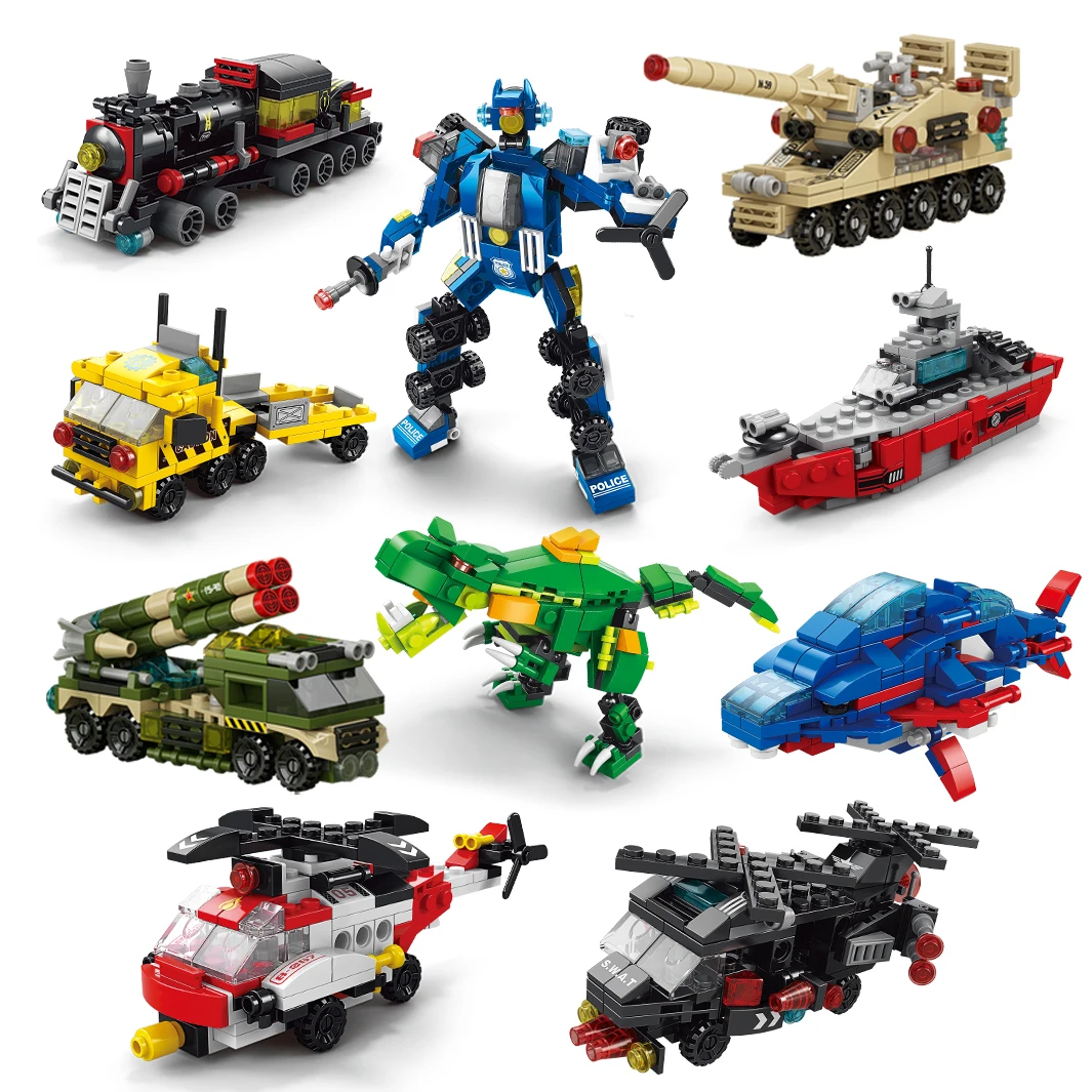 Blocos de Montar 6 em 1: Carro de Engenharia Urbana, Caminhão de Polícia, Tanque, Helicóptero, Conjunto de Combate a Incêndios, Brinquedos de Quebra-Cabeça para Crianças, Presentes