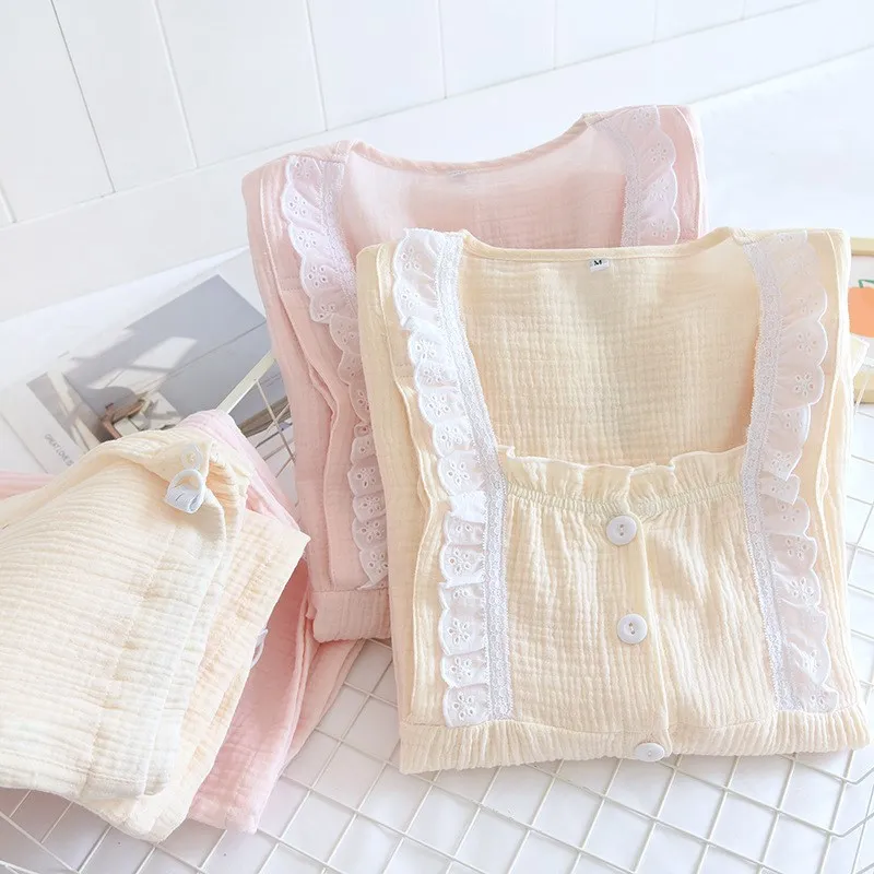 

Pure Cotton Gauze Postpartum Caregiver Long Sleeve Thin Creased Fabric Maternity Nightgown Spring Summer Home Wear Nursing Cl...