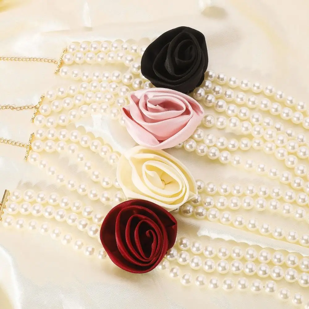 

Choker Three Layer Pearl Necklace Chain Korean Style Rose Clavicle Chain Jewelry Accessories Rhinestone Flower NeckLace Gift