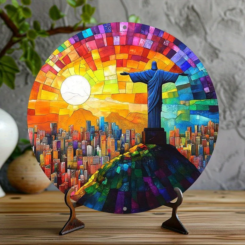 Vibrant Rio de Janeiro Christ the Redeemer Cityscape Metal Wall Art - 8-Inch Round Aluminum Print with Multicolor Mosaic Design,