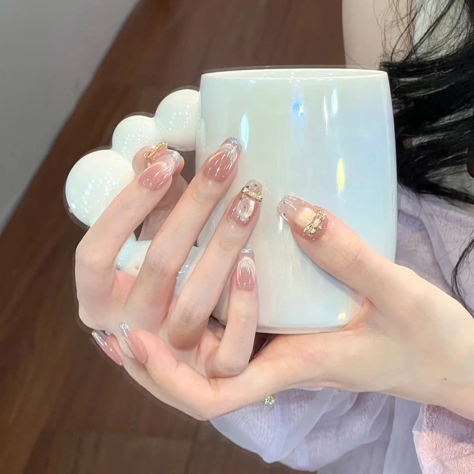 10PCS Cat Eyes Press on Nails with Bowknot Polka Point Print DIY Handmade False Nails for Stage Performance Wear