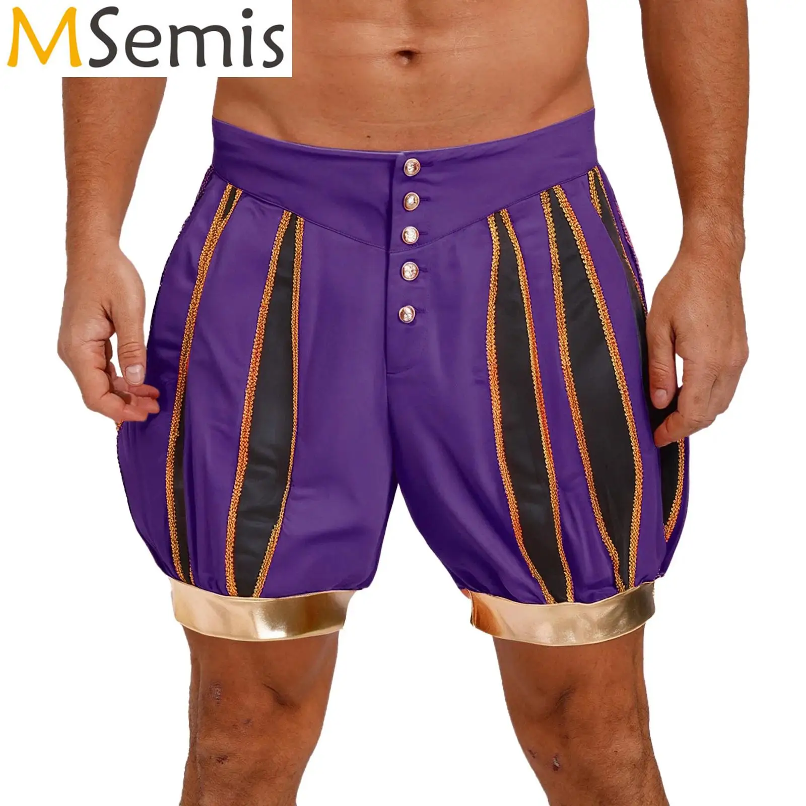 

Mens Circus Ringmaster Lantern Shorts Clown Halloween Cosplay Party Costume Gold Trim Front Buttons High Waist Shorts Clubwear