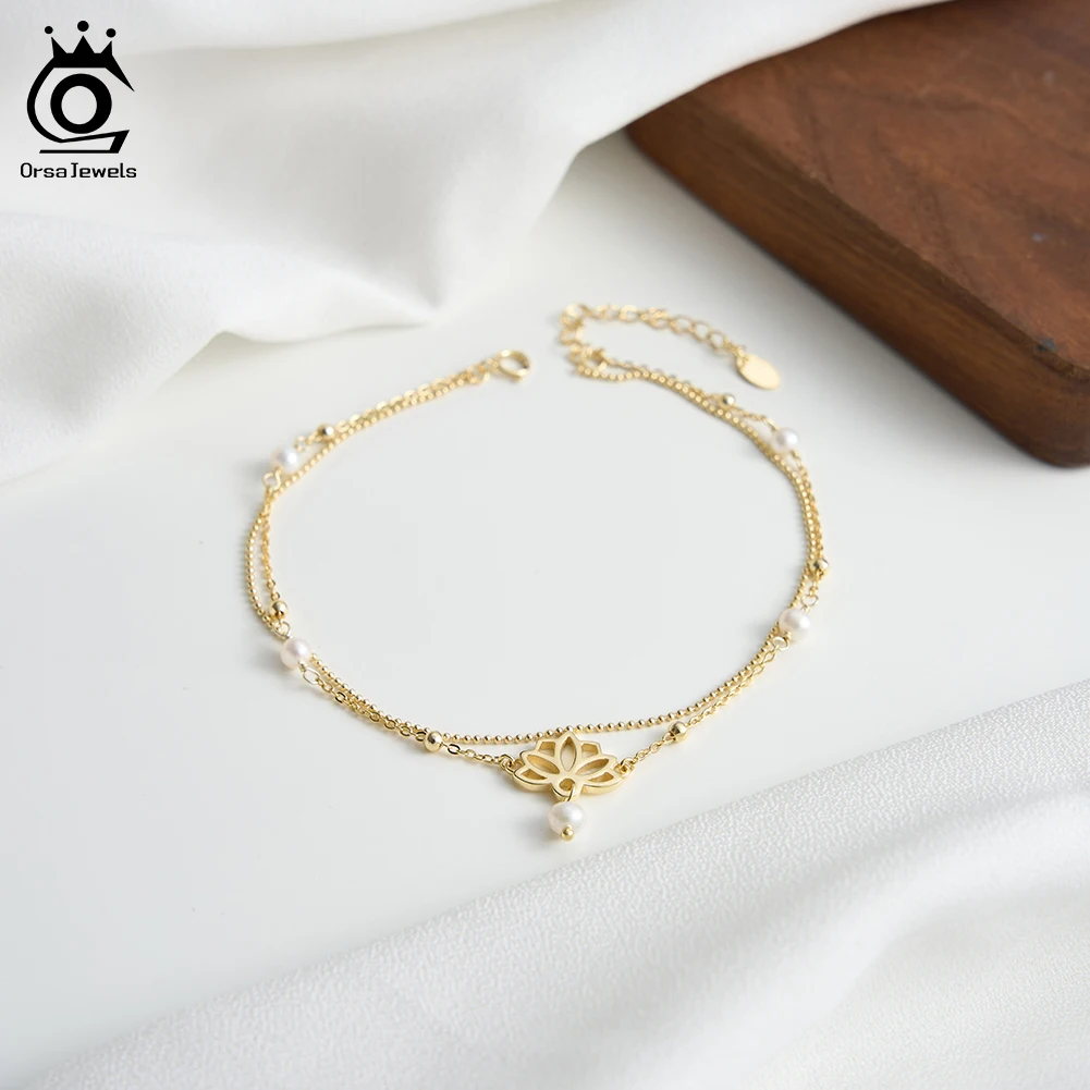 

ORSA JEWELS Элегантный серебряный браслет на ногу S925 с изображением Древа Жизни и пресноводным жемчугом для женщин, летняя цепочка на ногу, модные украшения SA100