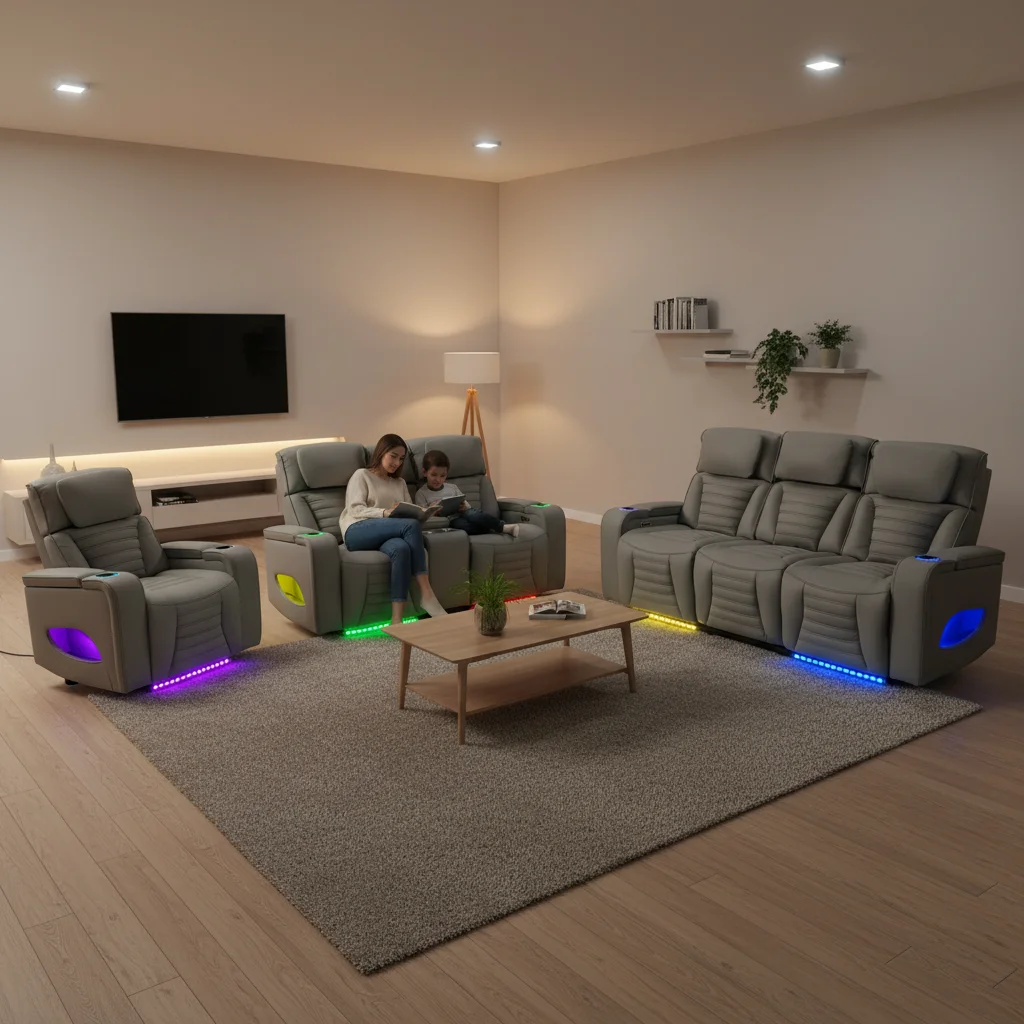 Electric Smart Tufted Square Recliner Sofa Set with Colorful LED Light Functional Drop Down Table Apartment-Friendly Design