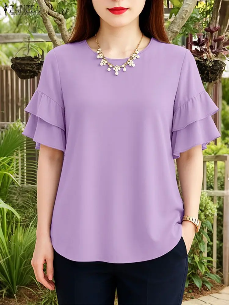 

2025 ZANZEA Elegant Women OL Work Blouses Summer Stylish Shirt Casual Short Sleeve O Neck Blusas Loose Tops Solid Holiday Tunic