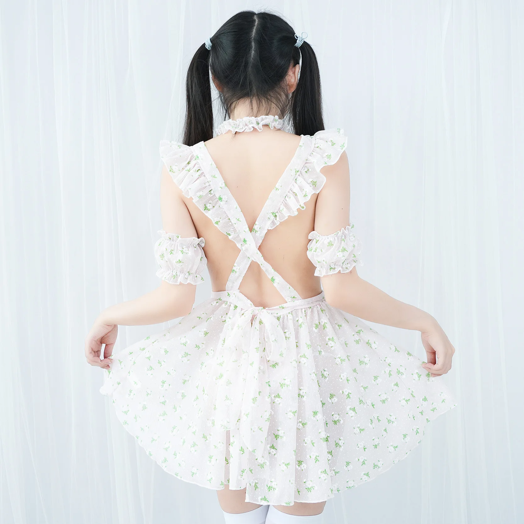 Pure Girl Floral Dress Apron Maid Unifrom Women Anime Nightdress Outfits Cosplay Costumes
