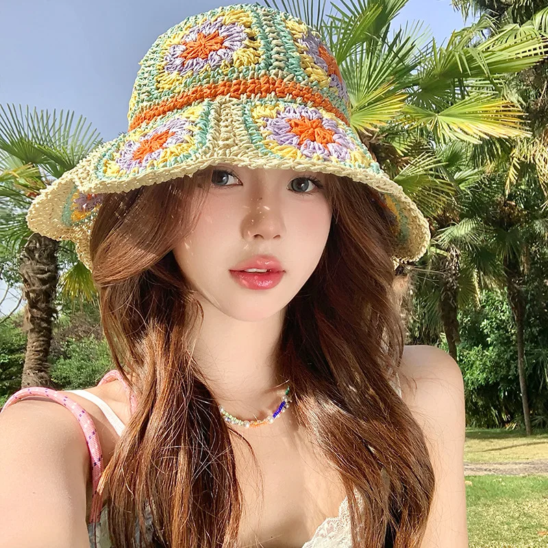 

Корейская версия летней пляжной соломенной шляпы с цветами допамина и вырезами, Женская пляжная Солнцезащитная складная шляпа с широкими полями