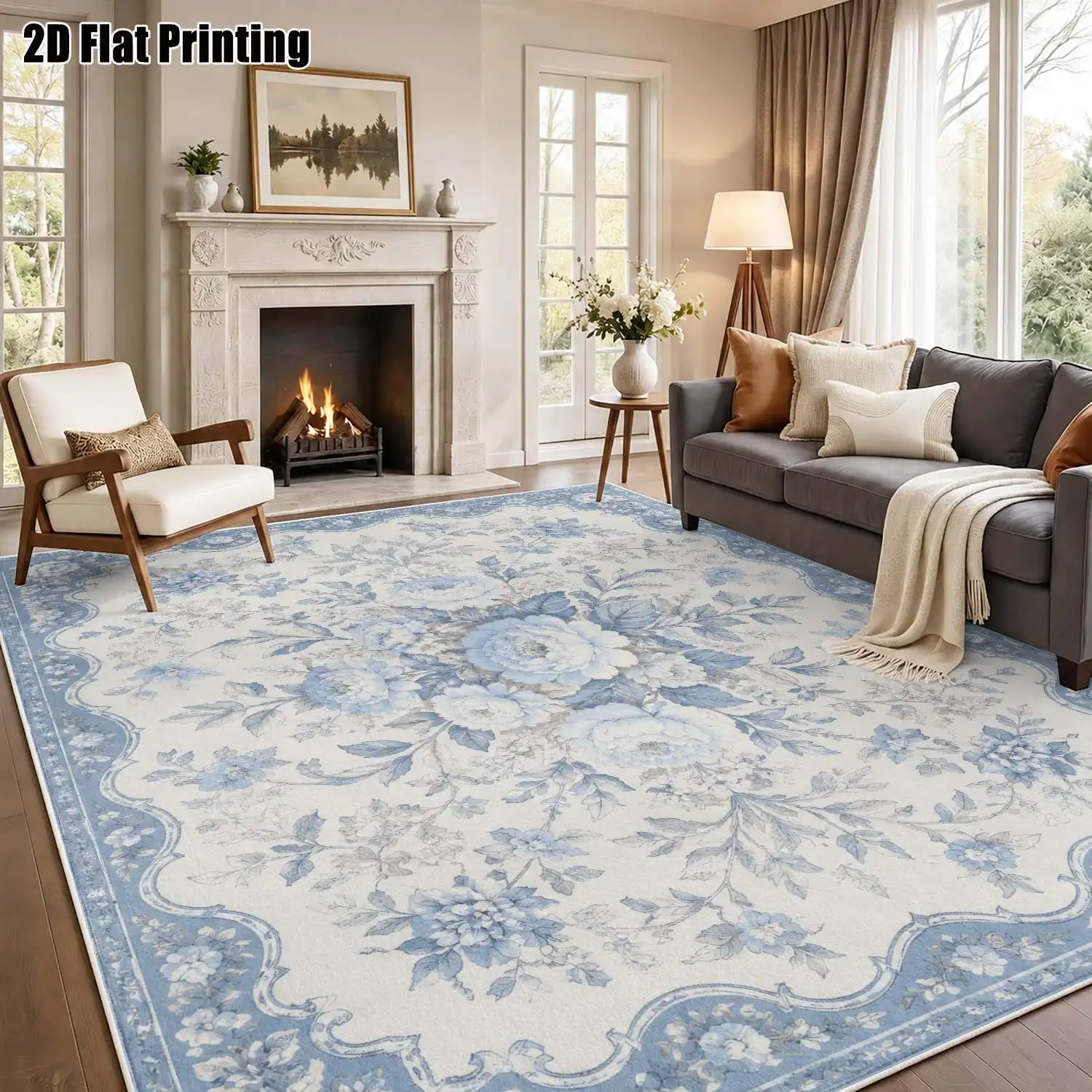 1Pc 2D Printed Blue-White Floral Velvet Carpet, European Vintage, Machine Washable, Multi-Size for Home Decor & Multi-Scene Use