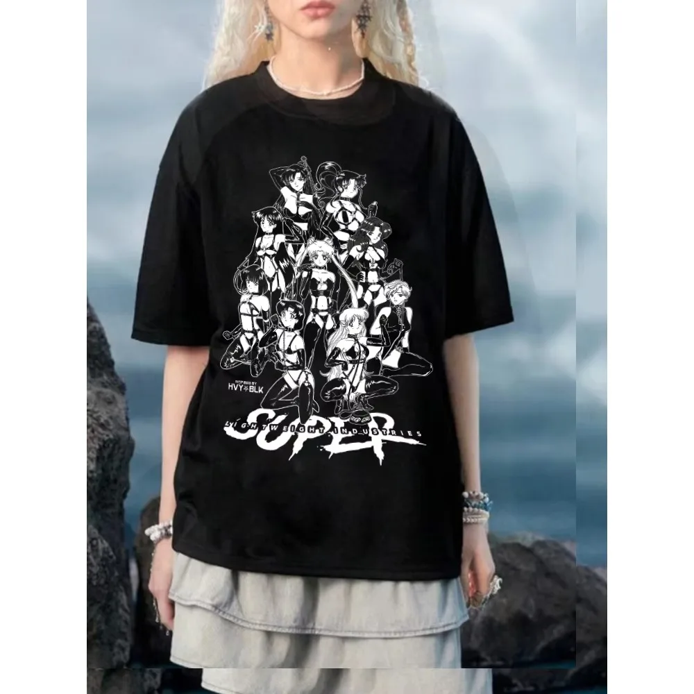 Fun Trendy Dark Beauty Warrior Graphic T-shirt Vintage Japanese Anime Street Pure Cotton Unisex Casual Short Sleeve Tee