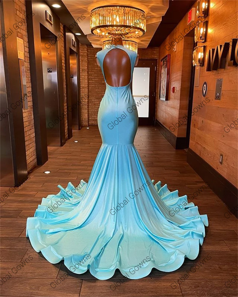 Vestido De noche azul con cuello transparente para niñas negras, vestidos De fiesta De cumpleaños con cuentas De diamantes De cristal, vestidos formales De sirena