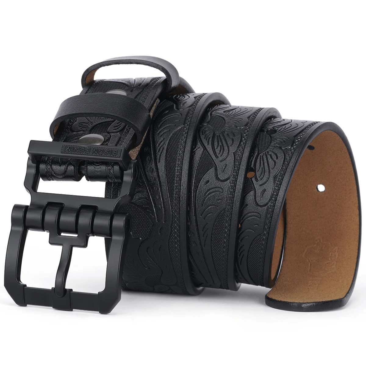 BISON DENIM Genuine Leather Men Belt Vintage Floral High Quality Waist Strap Luxury Pin Buckle Male Best Gift Casual Belts