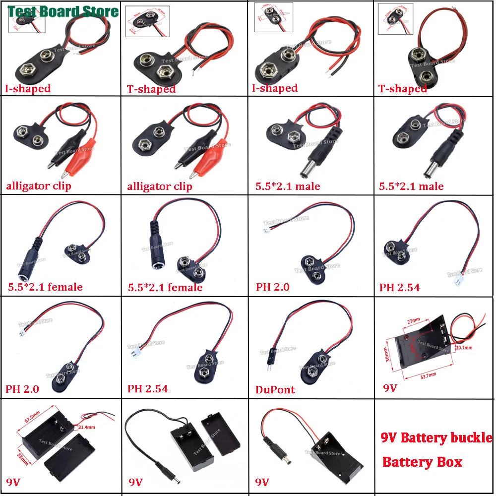 9V Battery Box Clip I-type T-shaped with PH2.0 XH2.54 DuPont DC 5.5X2.1 Male and Female Adapter Cable 9 Volt Battery Holder DIY - Image 2