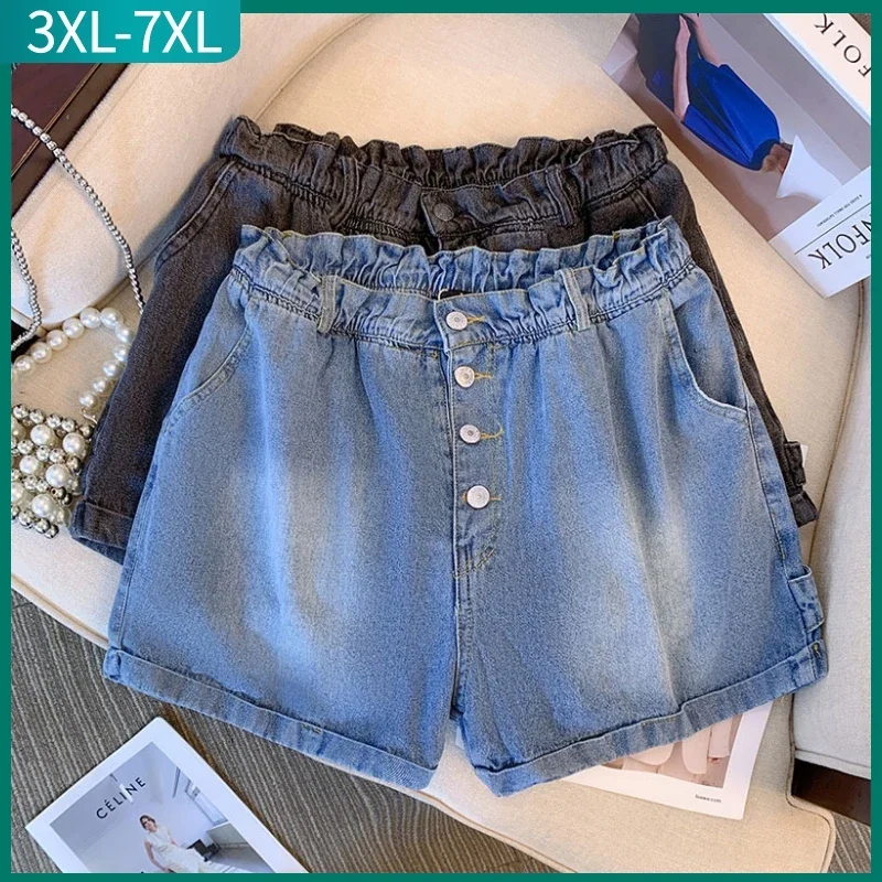 Plus Size Summer Hot Pants For Women Large Size Loose Black Blue Cotton Pocket Denim Shorts 3XL 4XL 5XL 6XL 7XL Female Clothing