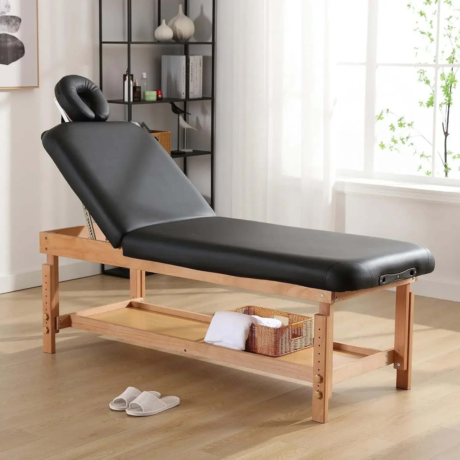 

Massage Table, Wooden Stationary Massage Table Professional Spa Bed with PU Leather and Memory Foam Layer, Adjustable Height