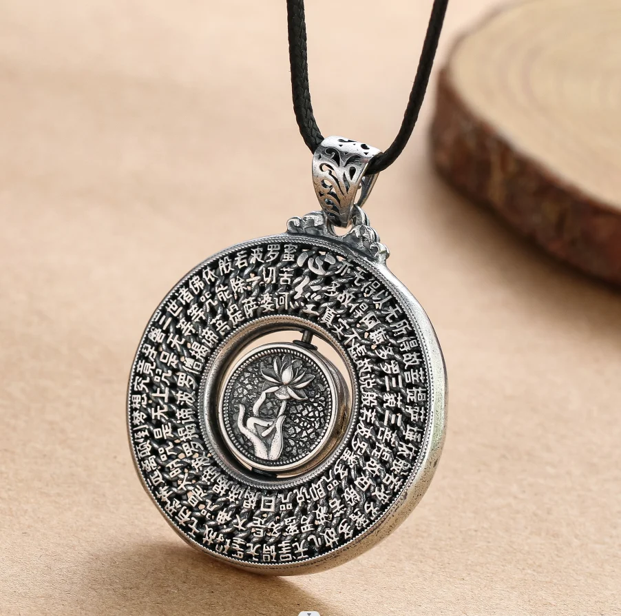 Buddha Prajna Heart Sutra Sanskrit Om Bergamot Lotus Cupronickel Pendant Necklace Amulet Meditation Dangle Choker Chain Jewelry