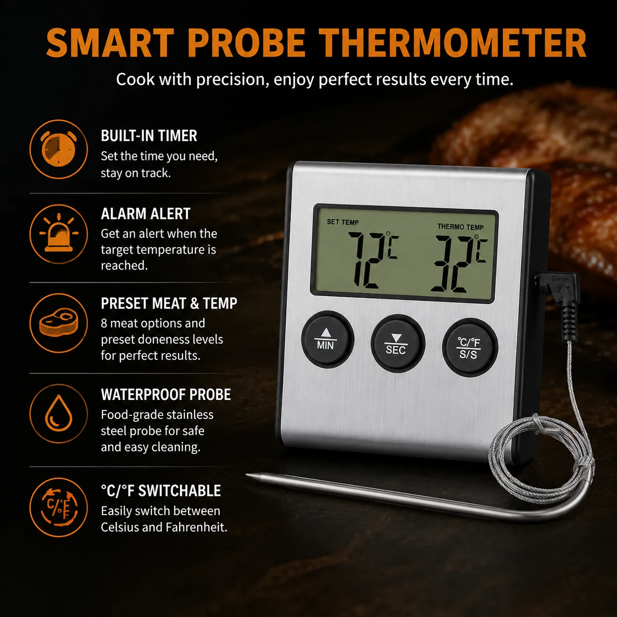 Digital Kitchen Food Meat Thermometer With Food-grade Waterproof Probe High Accuracy Instant Read Thermometer Preset Cook Mode