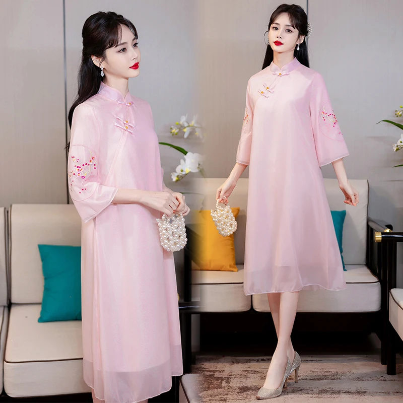 

Retro Ethnic Style Chinese Clothes Pink Cheongsam Fashion Embroidered Modern Improved Qipao Women Dress