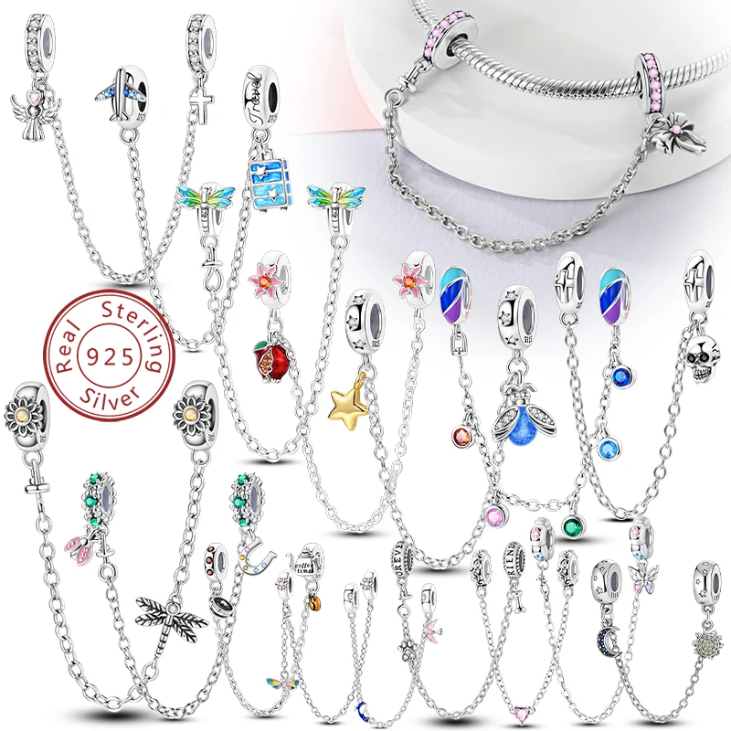 New Original Safety Chain Clasp Clip Charm Bead 925 Sterling Silver Heart Bow Star Moon Fit Bracelet DIY Woman Girl Jewelry Gift
