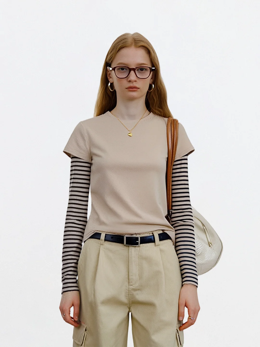 

AHMI Modern Neutral Casual Long Sve T-irt Women's Spring Autumn Commute Versatile Top Splice Fake Two-Piece Design