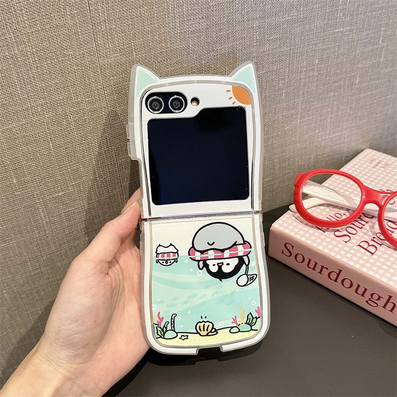 Phone Case For Samsung Galaxy Z Flip 6 5 4 3 ZFlip6 Z Flip6 ZFlip 6 Cute Duck Lanyard Cat Ears Shockproof Cover Wiith Hand Strap