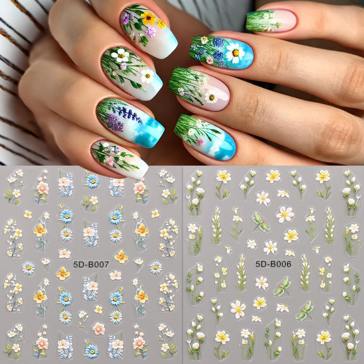 2 Stück Frühlings- und Sommer-Nagelkunst-Aufkleber mit Blumenmuster, 5D-Aufkleber, DIY, Geschenk, Hochzeits-Party-Make-up, Y2K, einfach anzuwenden der Nageldekoration