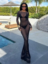 Sibybo Sexy See Through Gauze Close Fitting Long Dress Basics Solid Color Straight Shoulder Long Sleeve Robe Summer Lady Clothes
