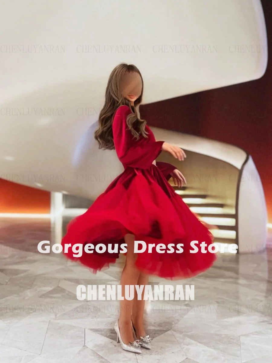 Czerwone welurowe sukienki na formalne okazje 2025 V-Neck Tea-Length Party Dress Beading 3/4 Sleeves Simple Evening Gowns فساتين السهرة