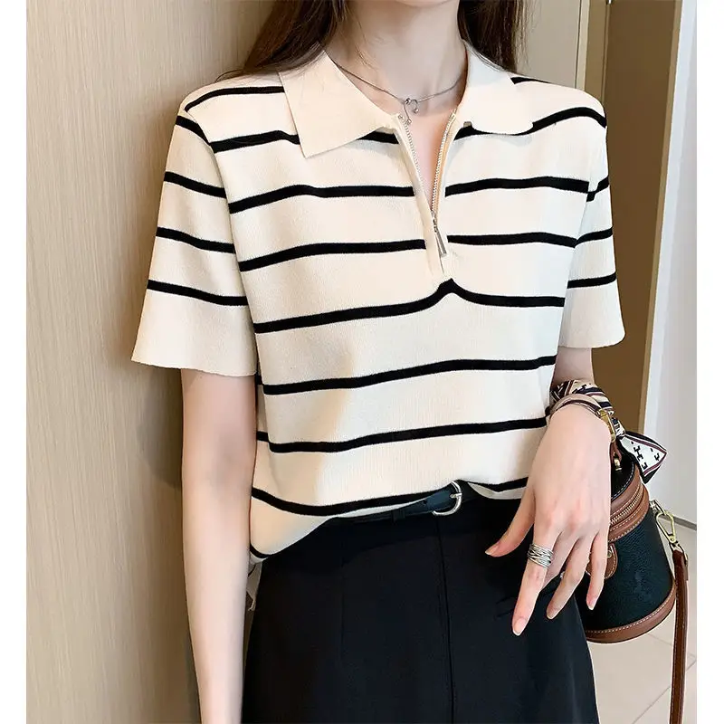 Nice Women Clothing Summer Fashion Casual Zipper Contrasting Colors Polo Collar Ladies Simplicity All-match Striped Short Sleeve