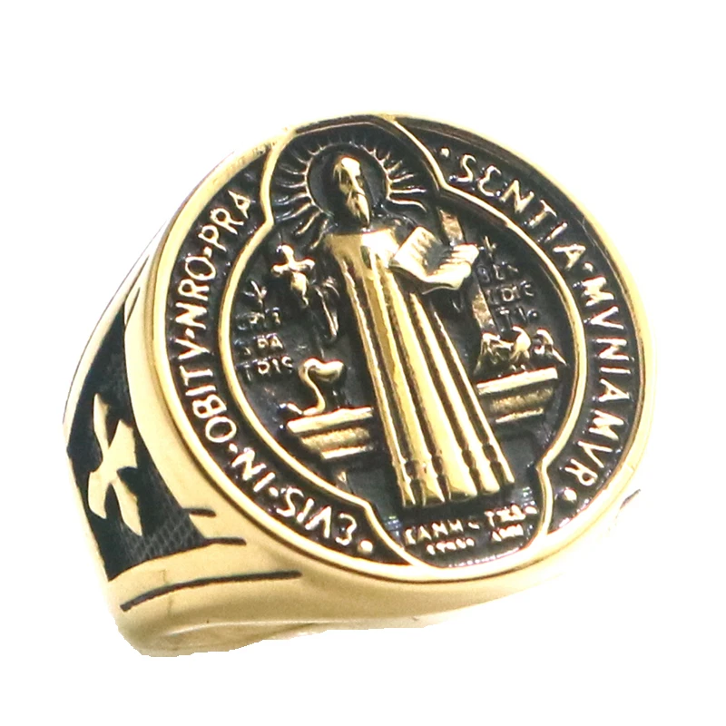 Unisex Saint Benedict of Nursia CSPB CSSML NDSMD 316L Stainless Steel Cross Ring