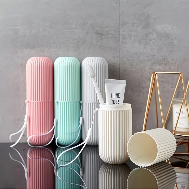 1PC Portable Travel Toothbrush Cup & Toothpaste Organizer, Leak-Proof PP Box, Random Lanyard, Compact 2-in-1