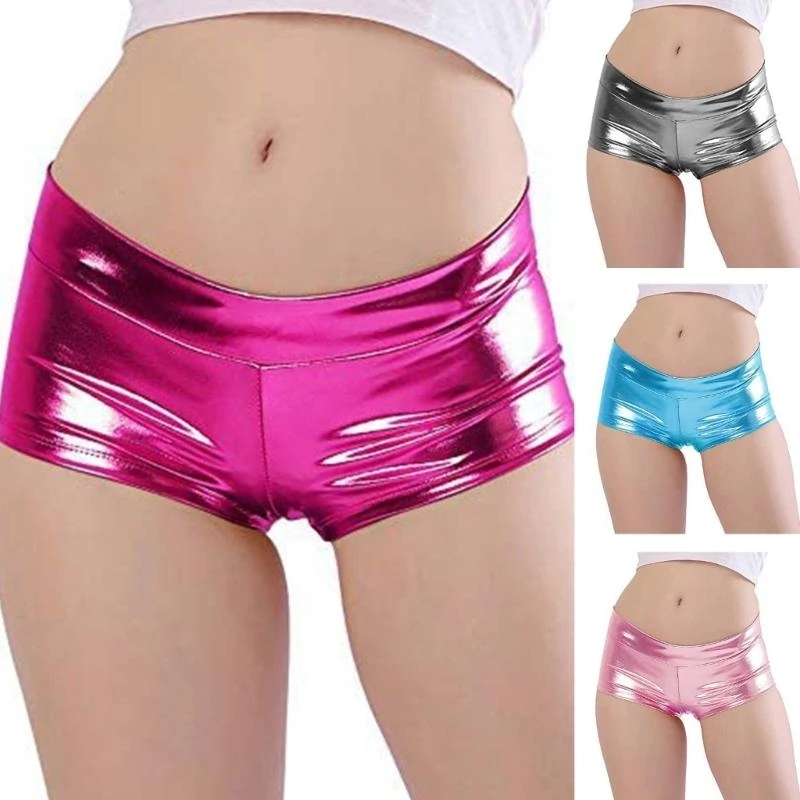 Women's Shining Metallic Booty Shorts Low Waist Rave Disco Dance Bottoms Faux Leather Hot Pants Dance Festival Costumes