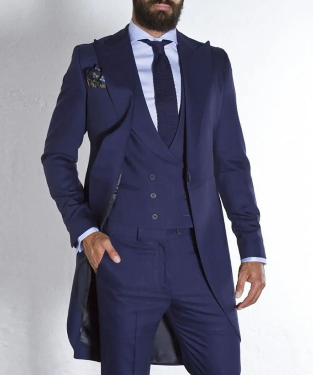 

Navy Blue Tailcoat Suits for Men Wedding Custom Made Groom Tuxedos Long Male Fashion Blazer 3 Pieces Groomsmen Costume