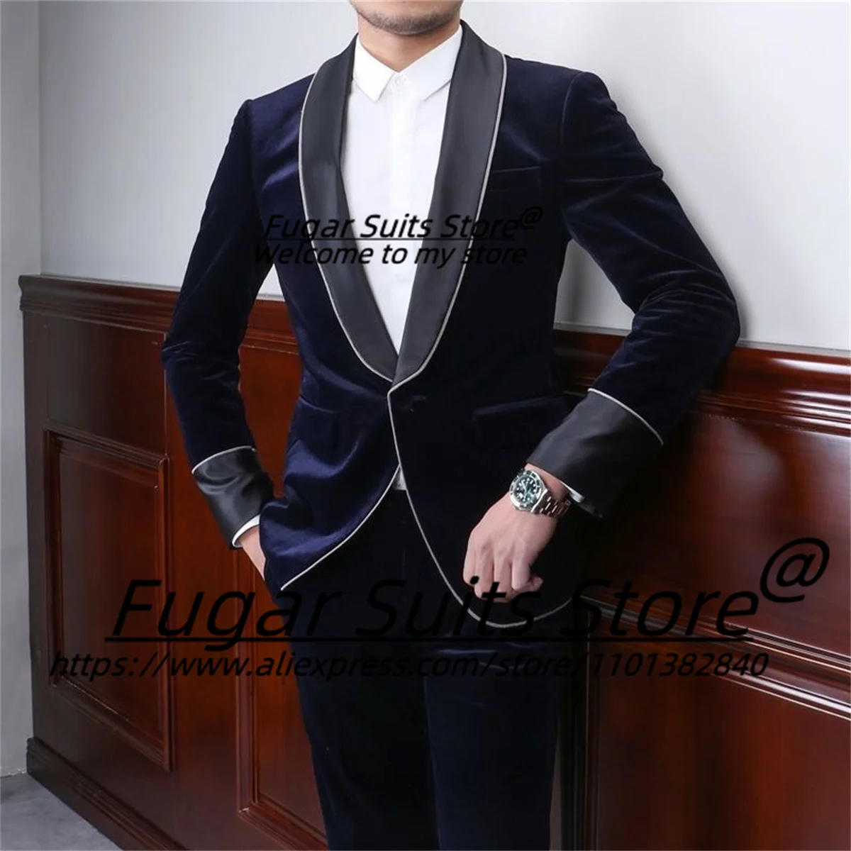 Luxuly Navy Blue Velvet Wedding Suits For Men Slim Fit Shawl Lapel Groom  Tuxedos 2 Pieces Sets Elegant Male Blazers Ropa Hombre